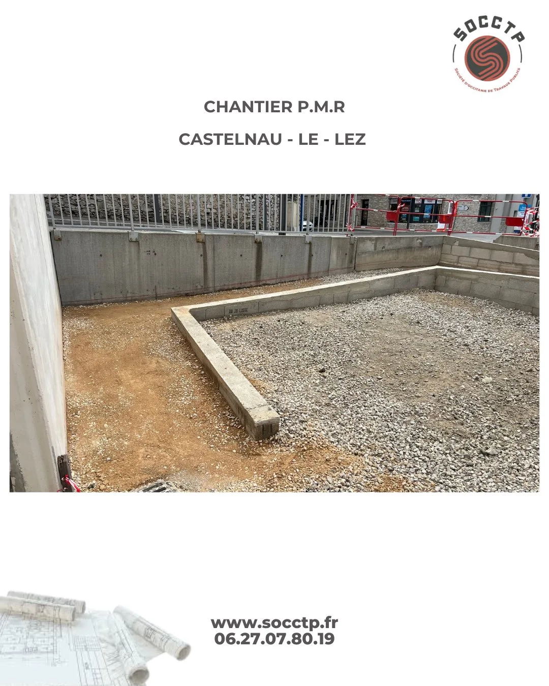 Création place de stationnement PMR et rampe d'accès PMR à Castelnau-le-Lez - Terrassement avant pose de l'enrobé par SOCCTP