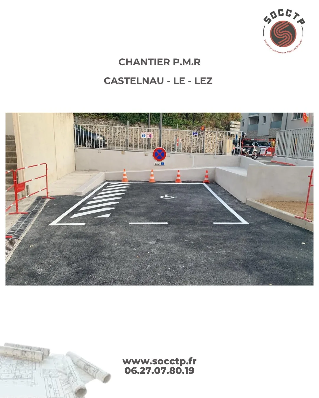 Aménagment parking PMR et rampe d'accès PMR à Castelnau-le-Lez - Enrobé, béton, peinture et signalétique